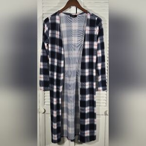 Love Blue Red White Long Sleeve Plaid Open Front Cardigan Sz L